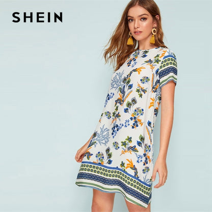 SHEIN Mixed Print Keyhole Back Tunic Summer Dress Women 2019 Short Sleeve Round Neck Boho Dress Straight Loose Mini Dresses