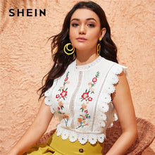 Load image into Gallery viewer, SHEIN Mock Neck Guipure Lace Trim Embroidery White Blouse Womens Tops and Blouses Boho Sleeveless Slim Fit Summer Crop Top
