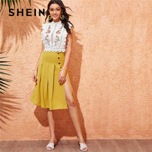 Load image into Gallery viewer, SHEIN Mock Neck Guipure Lace Trim Embroidery White Blouse Womens Tops and Blouses Boho Sleeveless Slim Fit Summer Crop Top
