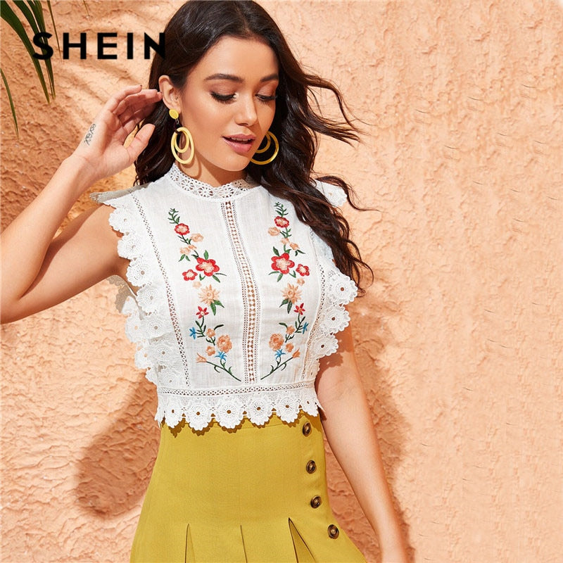 SHEIN Mock Neck Guipure Lace Trim Embroidery White Blouse Womens Tops and Blouses Boho Sleeveless Slim Fit Summer Crop Top