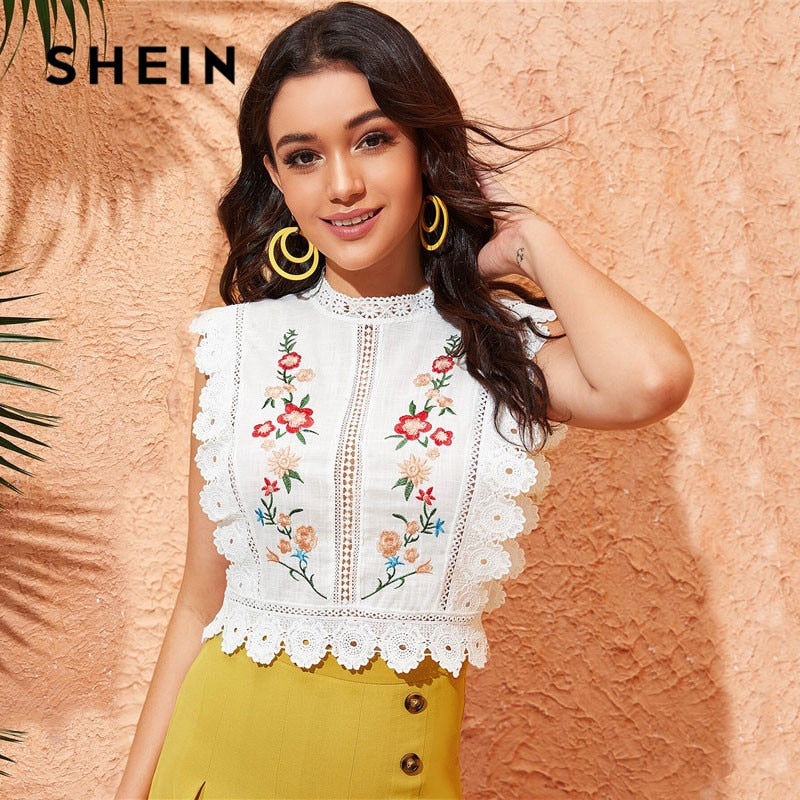 SHEIN Mock Neck Guipure Lace Trim Embroidery White Blouse Womens Tops and Blouses Boho Sleeveless Slim Fit Summer Crop Top