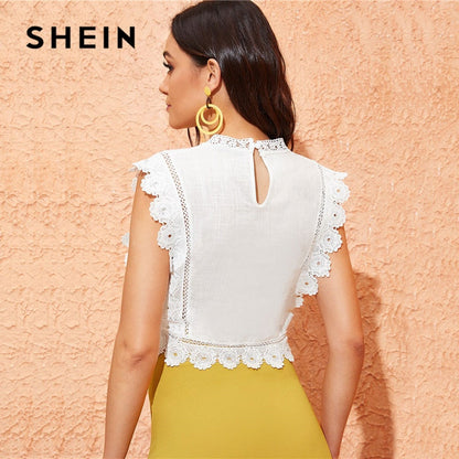 SHEIN Mock Neck Guipure Lace Trim Embroidery White Blouse Womens Tops and Blouses Boho Sleeveless Slim Fit Summer Crop Top