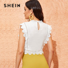 Load image into Gallery viewer, SHEIN Mock Neck Guipure Lace Trim Embroidery White Blouse Womens Tops and Blouses Boho Sleeveless Slim Fit Summer Crop Top
