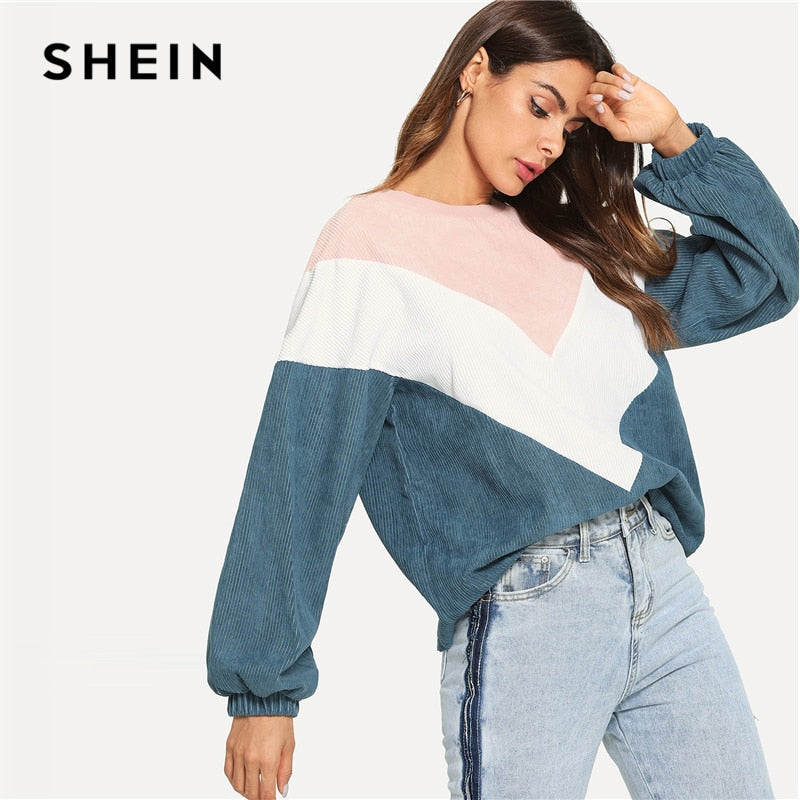 SHEIN Multicolor Cut and Sew Chevron Sweatshirt Preppy Round Neck Bishop Sleeve Pullovers Women Autumn Colorblock Sweatshirts