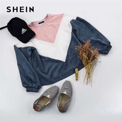 SHEIN Multicolor Cut and Sew Chevron Sweatshirt Preppy Round Neck Bishop Sleeve Pullovers Women Autumn Colorblock Sweatshirts