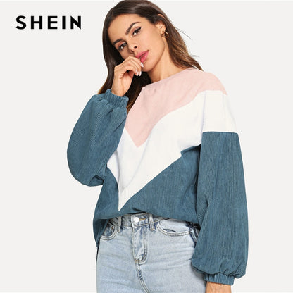 SHEIN Multicolor Cut and Sew Chevron Sweatshirt Preppy Round Neck Bishop Sleeve Pullovers Women Autumn Colorblock Sweatshirts