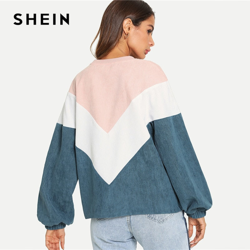 SHEIN Multicolor Cut and Sew Chevron Sweatshirt Preppy Round Neck Bishop Sleeve Pullovers Women Autumn Colorblock Sweatshirts
