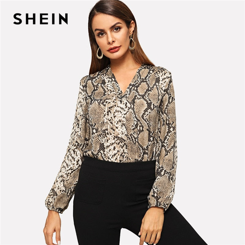 SHEIN Women's Multicolor Snakeskin V-neck Long Sleeve Workwear Blouse Autumn Women Modern Lady Women Tops And Blouse Office Business Clothes