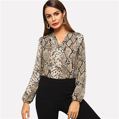 SHEIN Women's Multicolor Snakeskin V-neck Long Sleeve Workwear Blouse Autumn Women Modern Lady Women Tops And Blouse Office Business Clothes