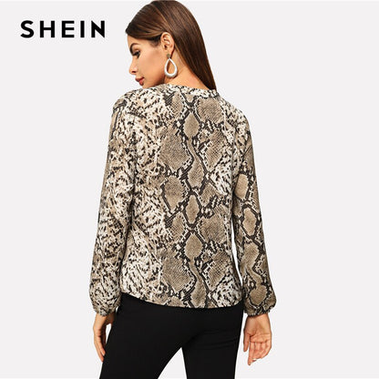 SHEIN Women's Multicolor Snakeskin V-neck Long Sleeve Workwear Blouse Autumn Women Modern Lady Women Tops And Blouse Office Business Clothes