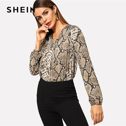 SHEIN Women's Multicolor Snakeskin V-neck Long Sleeve Workwear Blouse Autumn Women Modern Lady Women Tops And Blouse Office Business Clothes