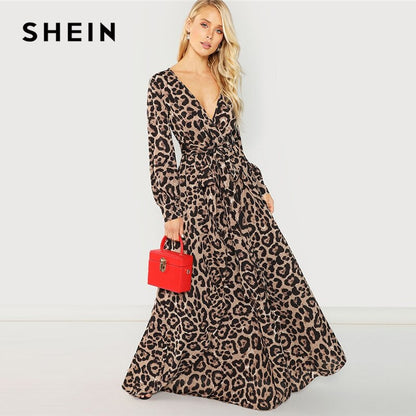 SHEIN Multicolor Party Surplice Neck Leopard Print Overlap Long Sleeve Dress 2018 Autumn Streetwear Women Maxi Dresses