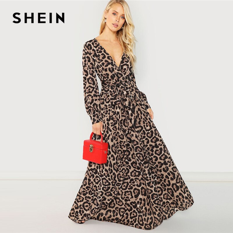 SHEIN Multicolor Party Surplice Neck Leopard Print Overlap Long Sleeve Dress 2018 Autumn Streetwear Women Maxi Dresses