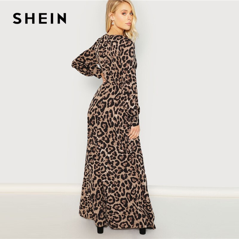SHEIN Multicolor Party Surplice Neck Leopard Print Overlap Long Sleeve Dress 2018 Autumn Streetwear Women Maxi Dresses
