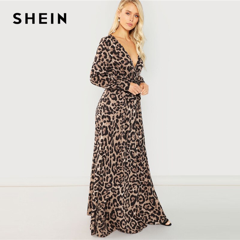 SHEIN Multicolor Party Surplice Neck Leopard Print Overlap Long Sleeve Dress 2018 Autumn Streetwear Women Maxi Dresses