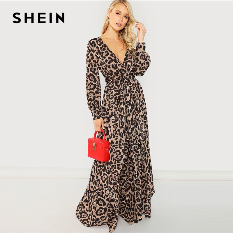 SHEIN Multicolor Party Surplice Neck Leopard Print Overlap Long Sleeve Dress 2018 Autumn Streetwear Women Maxi Dresses