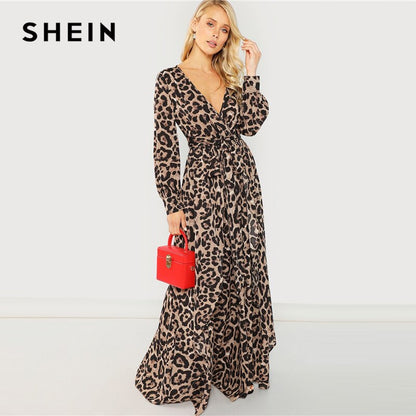 SHEIN Multicolor Party Surplice Neck Leopard Print Overlap Long Sleeve Dress 2018 Autumn Streetwear Women Maxi Dresses