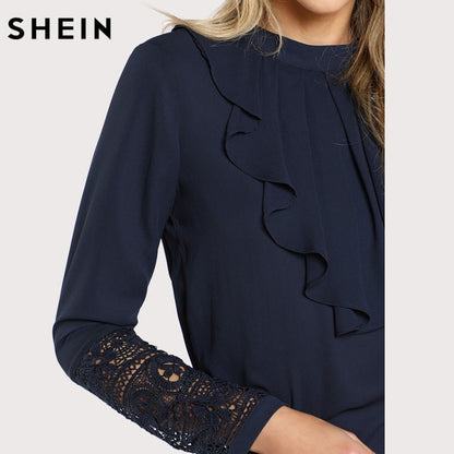 SHEIN Navy Blue Ruffle Blouse Elegant Contrast Lace Button Round Neck Long Sleeve Spring Keyhole Back Insert Lace Ruffle Top