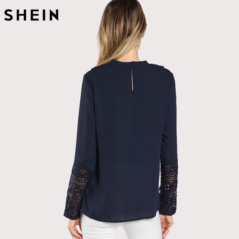 SHEIN Navy Blue Ruffle Blouse Elegant Contrast Lace Button Round Neck Long Sleeve Spring Keyhole Back Insert Lace Ruffle Top