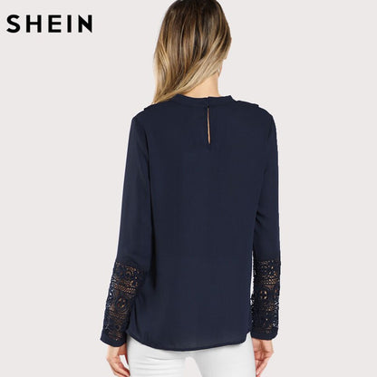 SHEIN Navy Blue Ruffle Blouse Elegant Contrast Lace Button Round Neck Long Sleeve Spring Keyhole Back Insert Lace Ruffle Top