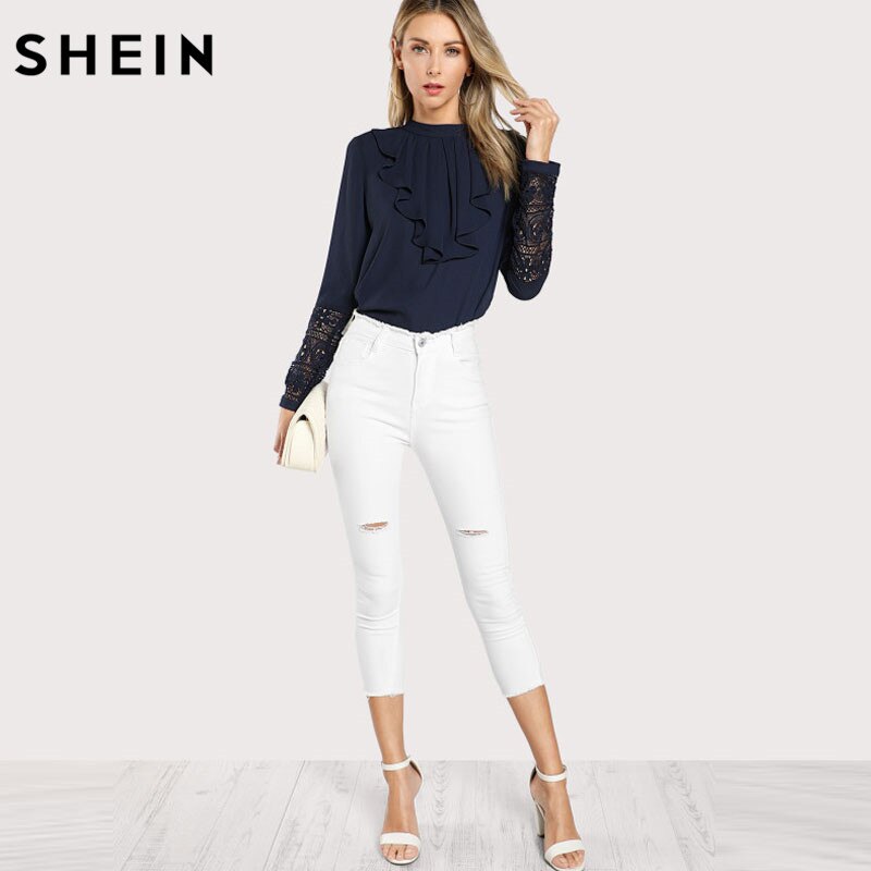 SHEIN Navy Blue Ruffle Blouse Elegant Contrast Lace Button Round Neck Long Sleeve Spring Keyhole Back Insert Lace Ruffle Top