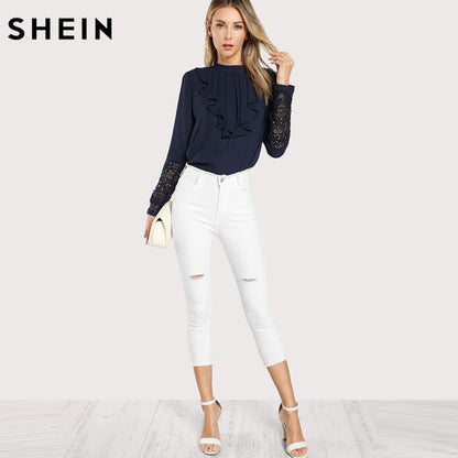 SHEIN Navy Blue Ruffle Blouse Elegant Contrast Lace Button Round Neck Long Sleeve Spring Keyhole Back Insert Lace Ruffle Top