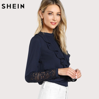 SHEIN Navy Blue Ruffle Blouse Elegant Contrast Lace Button Round Neck Long Sleeve Spring Keyhole Back Insert Lace Ruffle Top