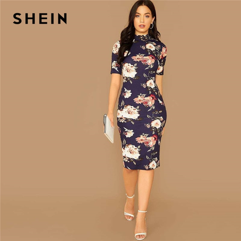 SHEIN Navy Floral Print Stand Collar Elegant Bodycon Dress Women 2019 Autumn Short Sleeve Form Fitted Midi Pencil Dresses