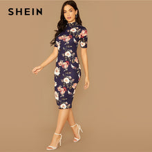 將圖片載入圖庫檢視器 SHEIN Navy Floral Print Stand Collar Elegant Bodycon Dress Women 2019 Autumn Short Sleeve Form Fitted Midi Pencil Dresses
