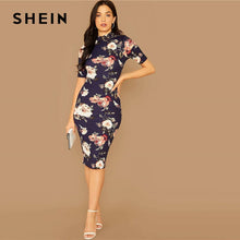將圖片載入圖庫檢視器 SHEIN Navy Floral Print Stand Collar Elegant Bodycon Dress Women 2019 Autumn Short Sleeve Form Fitted Midi Pencil Dresses
