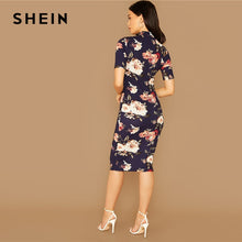將圖片載入圖庫檢視器 SHEIN Navy Floral Print Stand Collar Elegant Bodycon Dress Women 2019 Autumn Short Sleeve Form Fitted Midi Pencil Dresses
