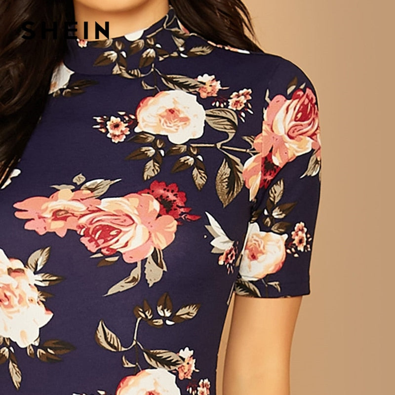 SHEIN Navy Floral Print Stand Collar Elegant Bodycon Dress Women 2019 Autumn Short Sleeve Form Fitted Midi Pencil Dresses