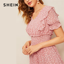 Load image into Gallery viewer, SHEIN Pink Ruffle Trim Puff Sleeve Shirred Waist Summer Boho Dress 2019 Fit and Flare Dress Women Elegant Empire Long Dresses
