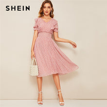 Load image into Gallery viewer, SHEIN Pink Ruffle Trim Puff Sleeve Shirred Waist Summer Boho Dress 2019 Fit and Flare Dress Women Elegant Empire Long Dresses
