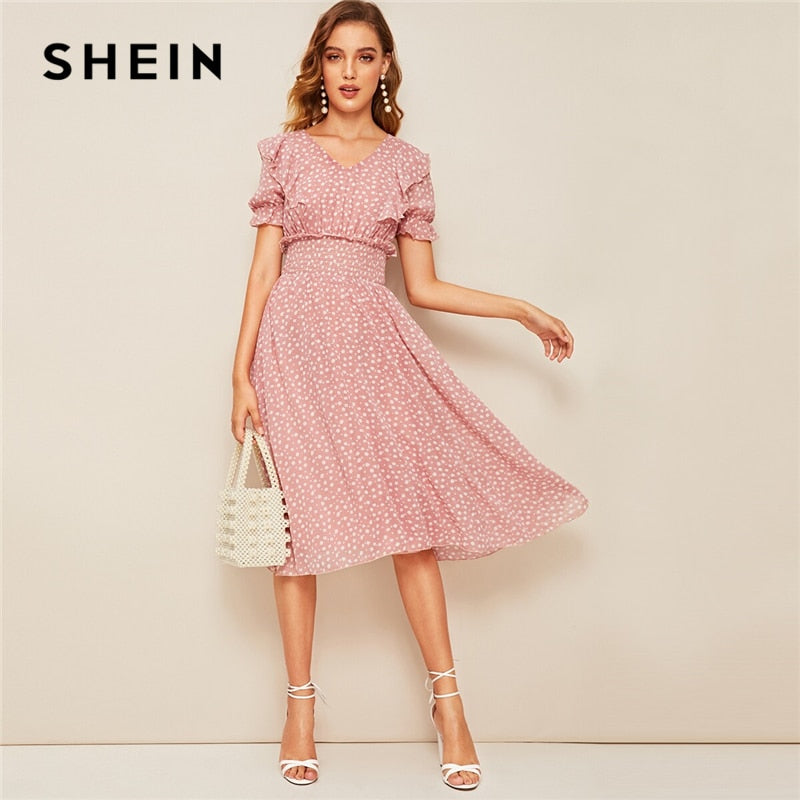 SHEIN Pink Ruffle Trim Puff Sleeve Shirred Waist Summer Boho Dress 2019 Fit and Flare Dress Women Elegant Empire Long Dresses