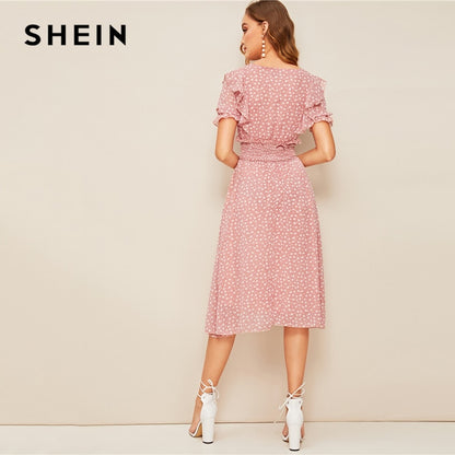 SHEIN Pink Ruffle Trim Puff Sleeve Shirred Waist Summer Boho Dress 2019 Fit and Flare Dress Women Elegant Empire Long Dresses
