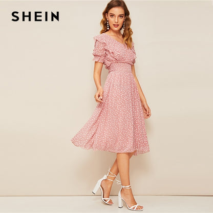 SHEIN Pink Ruffle Trim Puff Sleeve Shirred Waist Summer Boho Dress 2019 Fit and Flare Dress Women Elegant Empire Long Dresses
