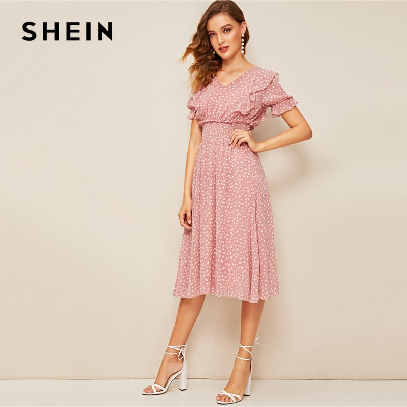 SHEIN Pink Ruffle Trim Puff Sleeve Shirred Waist Summer Boho Dress 2019 Fit and Flare Dress Women Elegant Empire Long Dresses