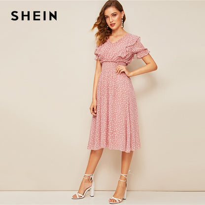 SHEIN Pink Ruffle Trim Puff Sleeve Shirred Waist Summer Boho Dress 2019 Fit and Flare Dress Women Elegant Empire Long Dresses