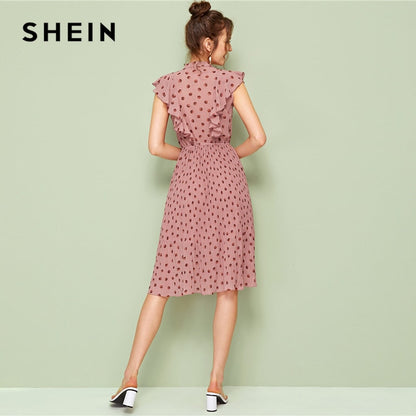 SHEIN Pink Tie Neck Ruffle Trim Dot Pleated Summer Midi Dress Women Cap Sleeve Stand Collar Fit and Flare Vintage Empire Dresses