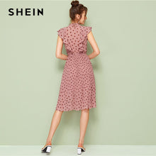 Load image into Gallery viewer, SHEIN Pink Tie Neck Ruffle Trim Dot Pleated Summer Midi Dress Women Cap Sleeve Stand Collar Fit and Flare Vintage Empire Dresses
