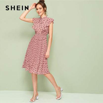 SHEIN Pink Tie Neck Ruffle Trim Dot Pleated Summer Midi Dress Women Cap Sleeve Stand Collar Fit and Flare Vintage Empire Dresses