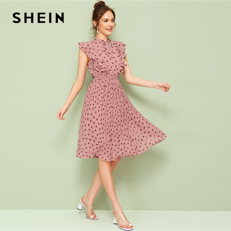 SHEIN Pink Tie Neck Ruffle Trim Dot Pleated Summer Midi Dress Women Cap Sleeve Stand Collar Fit and Flare Vintage Empire Dresses