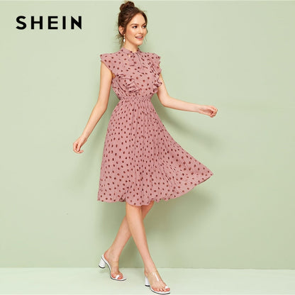 SHEIN Pink Tie Neck Ruffle Trim Dot Pleated Summer Midi Dress Women Cap Sleeve Stand Collar Fit and Flare Vintage Empire Dresses