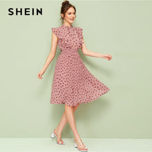 Load image into Gallery viewer, SHEIN Pink Tie Neck Ruffle Trim Dot Pleated Summer Midi Dress Women Cap Sleeve Stand Collar Fit and Flare Vintage Empire Dresses
