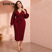 Cargar imagen en el visor de la galería, SHEIN Plus Size Burgundy Plunging Neck Wrap Belted Pencil Long Dress Women Autumn High Waist Fitted Slit Wrap Party Sexy Dresses
