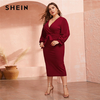 SHEIN Plus Size Burgundy Plunging Neck Wrap Belted Pencil Long Dress Women Autumn High Waist Fitted Slit Wrap Party Sexy Dresses
