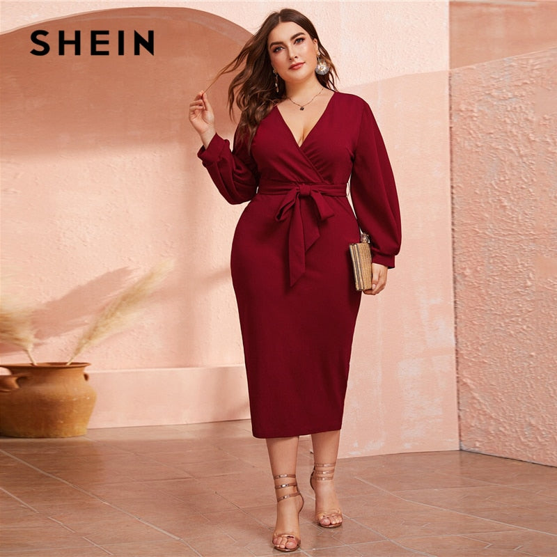 SHEIN Plus Size Burgundy Plunging Neck Wrap Belted Pencil Long Dress Women Autumn High Waist Fitted Slit Wrap Party Sexy Dresses