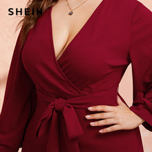 Cargar imagen en el visor de la galería, SHEIN Plus Size Burgundy Plunging Neck Wrap Belted Pencil Long Dress Women Autumn High Waist Fitted Slit Wrap Party Sexy Dresses
