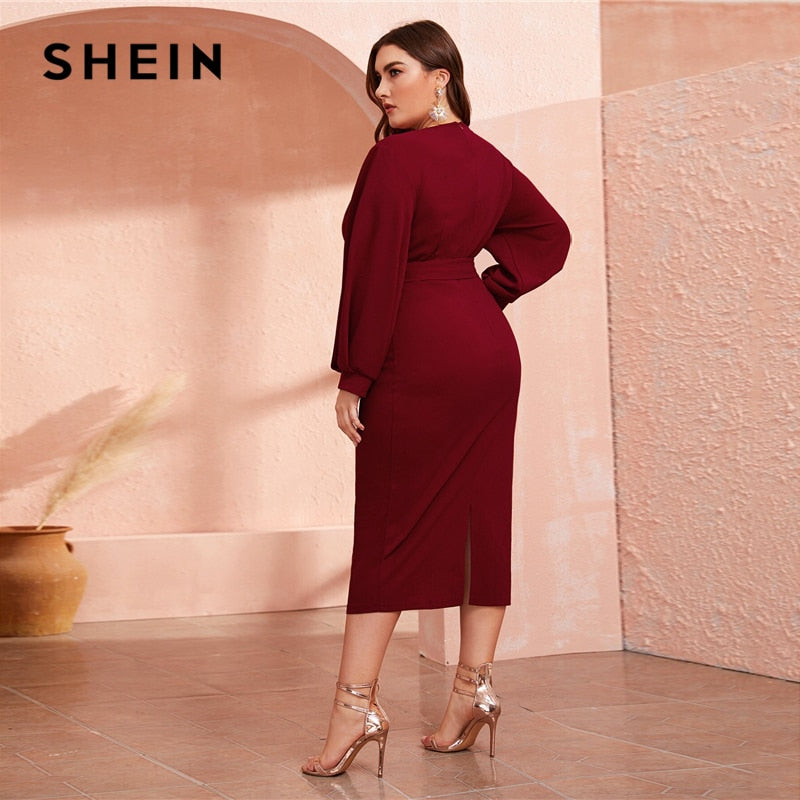 SHEIN Plus Size Burgundy Plunging Neck Wrap Belted Pencil Long Dress Women Autumn High Waist Fitted Slit Wrap Party Sexy Dresses